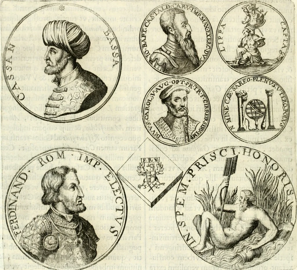 An illustration from Aquila Austriaca, sub qua imperatores Austriaci ab Alberto II honorifico vsquè ad Ferdinandum III & IV Occidentis imperatorem L : elogiis, hieroglyphicis, numismatibus, insignibus, symbolis, imaginibus antiquis ad viuum exhibentur exculpti, & longa historiarum serie exarati : vt nihil relictum sit, quod prisci vel hodierni habeant annales, sed diplomata, leges, indulta, genealogiae, donationes, priuilegia offeruntur congesta : inseruntur et regum principumque imagines, nummi honorarij, castrenses, triumphales, votiui, missiles, &c. qui sanguine, foedere, bello imperatoribus iuncti, occurrunt in opere : subijcitur cuique caesarum appendix symbolica, sacrolegalis, & historicopolitica, in qua symbolis & hieroglyphicis, aere affabrè exculptis, pinguntur, & explanantur, 1679, leaf 583