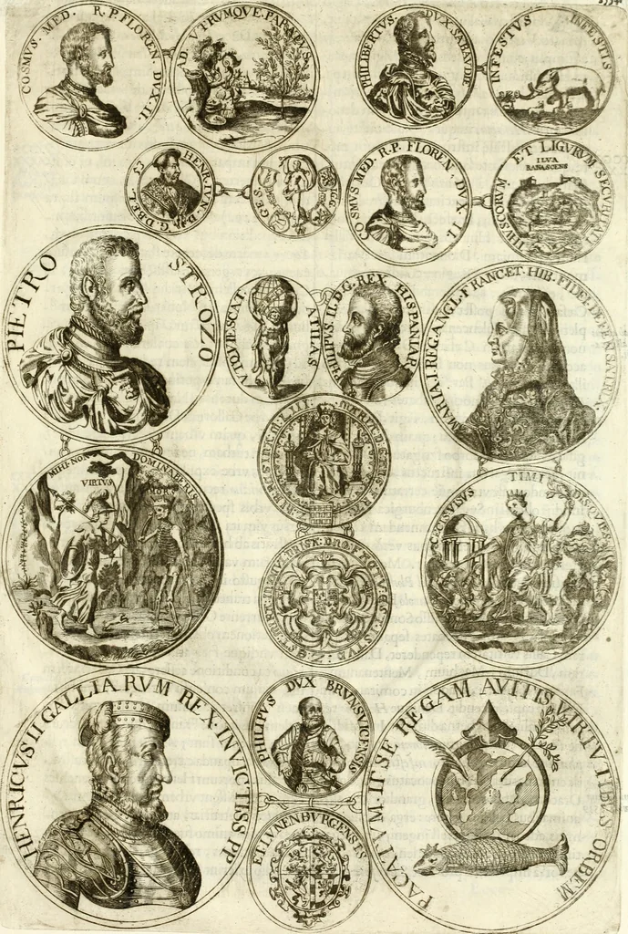 An illustration from Aquila Austriaca, sub qua imperatores Austriaci ab Alberto II honorifico vsquè ad Ferdinandum III & IV Occidentis imperatorem L : elogiis, hieroglyphicis, numismatibus, insignibus, symbolis, imaginibus antiquis ad viuum exhibentur exculpti, & longa historiarum serie exarati : vt nihil relictum sit, quod prisci vel hodierni habeant annales, sed diplomata, leges, indulta, genealogiae, donationes, priuilegia offeruntur congesta : inseruntur et regum principumque imagines, nummi honorarij, castrenses, triumphales, votiui, missiles, &c. qui sanguine, foedere, bello imperatoribus iuncti, occurrunt in opere : subijcitur cuique caesarum appendix symbolica, sacrolegalis, & historicopolitica, in qua symbolis & hieroglyphicis, aere affabrè exculptis, pinguntur, & explanantur, 1679, leaf 590