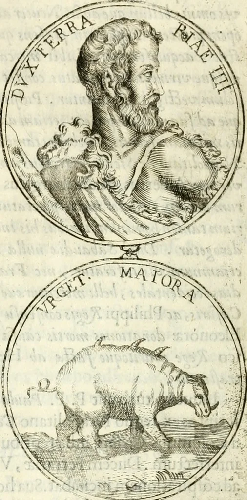 An illustration from Aquila Austriaca, sub qua imperatores Austriaci ab Alberto II honorifico vsquè ad Ferdinandum III & IV Occidentis imperatorem L : elogiis, hieroglyphicis, numismatibus, insignibus, symbolis, imaginibus antiquis ad viuum exhibentur exculpti, & longa historiarum serie exarati : vt nihil relictum sit, quod prisci vel hodierni habeant annales, sed diplomata, leges, indulta, genealogiae, donationes, priuilegia offeruntur congesta : inseruntur et regum principumque imagines, nummi honorarij, castrenses, triumphales, votiui, missiles, &c. qui sanguine, foedere, bello imperatoribus iuncti, occurrunt in opere : subijcitur cuique caesarum appendix symbolica, sacrolegalis, & historicopolitica, in qua symbolis & hieroglyphicis, aere affabrè exculptis, pinguntur, & explanantur, 1679, leaf 597