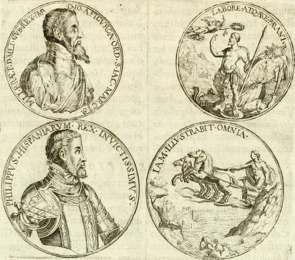 An illustration from Aquila Austriaca, sub qua imperatores Austriaci ab Alberto II honorifico vsquè ad Ferdinandum III & IV Occidentis imperatorem L : elogiis, hieroglyphicis, numismatibus, insignibus, symbolis, imaginibus antiquis ad viuum exhibentur exculpti, & longa historiarum serie exarati : vt nihil relictum sit, quod prisci vel hodierni habeant annales, sed diplomata, leges, indulta, genealogiae, donationes, priuilegia offeruntur congesta : inseruntur et regum principumque imagines, nummi honorarij, castrenses, triumphales, votiui, missiles, &c. qui sanguine, foedere, bello imperatoribus iuncti, occurrunt in opere : subijcitur cuique caesarum appendix symbolica, sacrolegalis, & historicopolitica, in qua symbolis & hieroglyphicis, aere affabrè exculptis, pinguntur, & explanantur, 1679, leaf 601