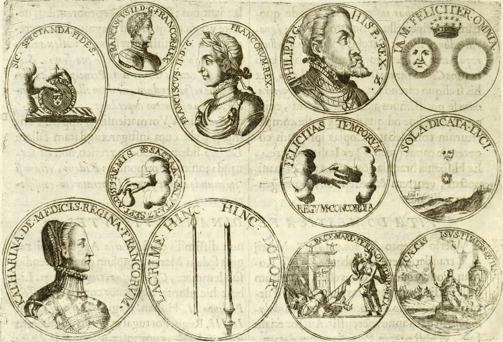 An illustration from Aquila Austriaca, sub qua imperatores Austriaci ab Alberto II honorifico vsquè ad Ferdinandum III & IV Occidentis imperatorem L : elogiis, hieroglyphicis, numismatibus, insignibus, symbolis, imaginibus antiquis ad viuum exhibentur exculpti, & longa historiarum serie exarati : vt nihil relictum sit, quod prisci vel hodierni habeant annales, sed diplomata, leges, indulta, genealogiae, donationes, priuilegia offeruntur congesta : inseruntur et regum principumque imagines, nummi honorarij, castrenses, triumphales, votiui, missiles, &c. qui sanguine, foedere, bello imperatoribus iuncti, occurrunt in opere : subijcitur cuique caesarum appendix symbolica, sacrolegalis, & historicopolitica, in qua symbolis & hieroglyphicis, aere affabrè exculptis, pinguntur, & explanantur, 1679, leaf 607