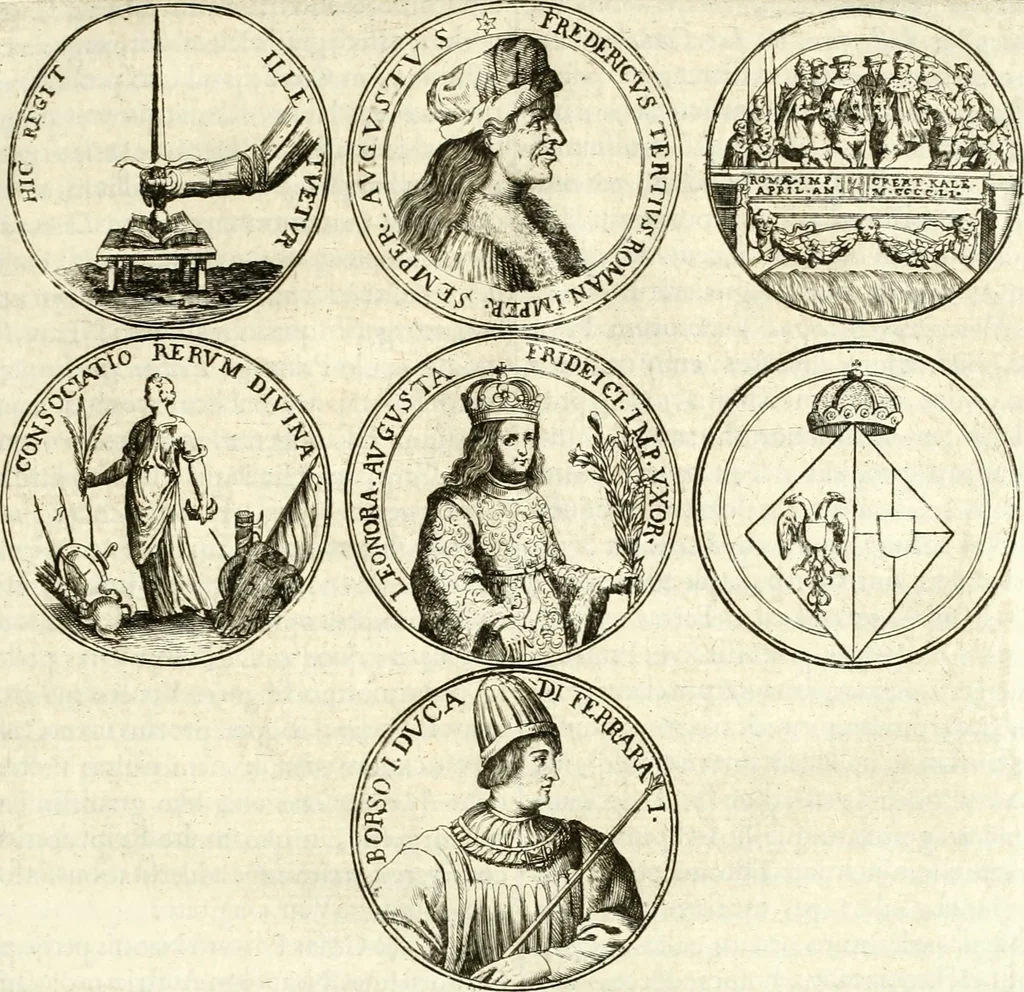 An illustration from Aquila Austriaca, sub qua imperatores Austriaci ab Alberto II honorifico vsquè ad Ferdinandum III & IV Occidentis imperatorem L : elogiis, hieroglyphicis, numismatibus, insignibus, symbolis, imaginibus antiquis ad viuum exhibentur exculpti, & longa historiarum serie exarati : vt nihil relictum sit, quod prisci vel hodierni habeant annales, sed diplomata, leges, indulta, genealogiae, donationes, priuilegia offeruntur congesta : inseruntur et regum principumque imagines, nummi honorarij, castrenses, triumphales, votiui, missiles, &c. qui sanguine, foedere, bello imperatoribus iuncti, occurrunt in opere : subijcitur cuique caesarum appendix symbolica, sacrolegalis, & historicopolitica, in qua symbolis & hieroglyphicis, aere affabrè exculptis, pinguntur, & explanantur, 1679, leaf 66