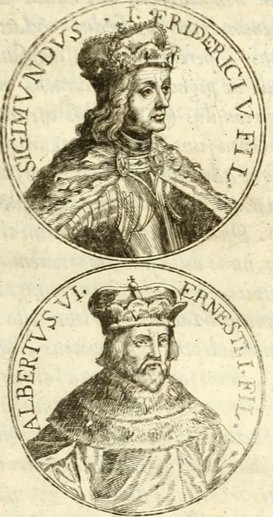 An illustration from Aquila Austriaca, sub qua imperatores Austriaci ab Alberto II honorifico vsquè ad Ferdinandum III & IV Occidentis imperatorem L : elogiis, hieroglyphicis, numismatibus, insignibus, symbolis, imaginibus antiquis ad viuum exhibentur exculpti, & longa historiarum serie exarati : vt nihil relictum sit, quod prisci vel hodierni habeant annales, sed diplomata, leges, indulta, genealogiae, donationes, priuilegia offeruntur congesta : inseruntur et regum principumque imagines, nummi honorarij, castrenses, triumphales, votiui, missiles, &c. qui sanguine, foedere, bello imperatoribus iuncti, occurrunt in opere : subijcitur cuique caesarum appendix symbolica, sacrolegalis, & historicopolitica, in qua symbolis & hieroglyphicis, aere affabrè exculptis, pinguntur, & explanantur, 1679, leaf 86