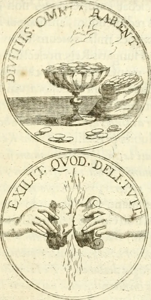 An illustration from Aquila Austriaca, sub qua imperatores Austriaci ab Alberto II honorifico vsquè ad Ferdinandum III & IV Occidentis imperatorem L : elogiis, hieroglyphicis, numismatibus, insignibus, symbolis, imaginibus antiquis ad viuum exhibentur exculpti, & longa historiarum serie exarati : vt nihil relictum sit, quod prisci vel hodierni habeant annales, sed diplomata, leges, indulta, genealogiae, donationes, priuilegia offeruntur congesta : inseruntur et regum principumque imagines, nummi honorarij, castrenses, triumphales, votiui, missiles, &c. qui sanguine, foedere, bello imperatoribus iuncti, occurrunt in opere : subijcitur cuique caesarum appendix symbolica, sacrolegalis, & historicopolitica, in qua symbolis & hieroglyphicis, aere affabrè exculptis, pinguntur, & explanantur, 1679, leaf 86