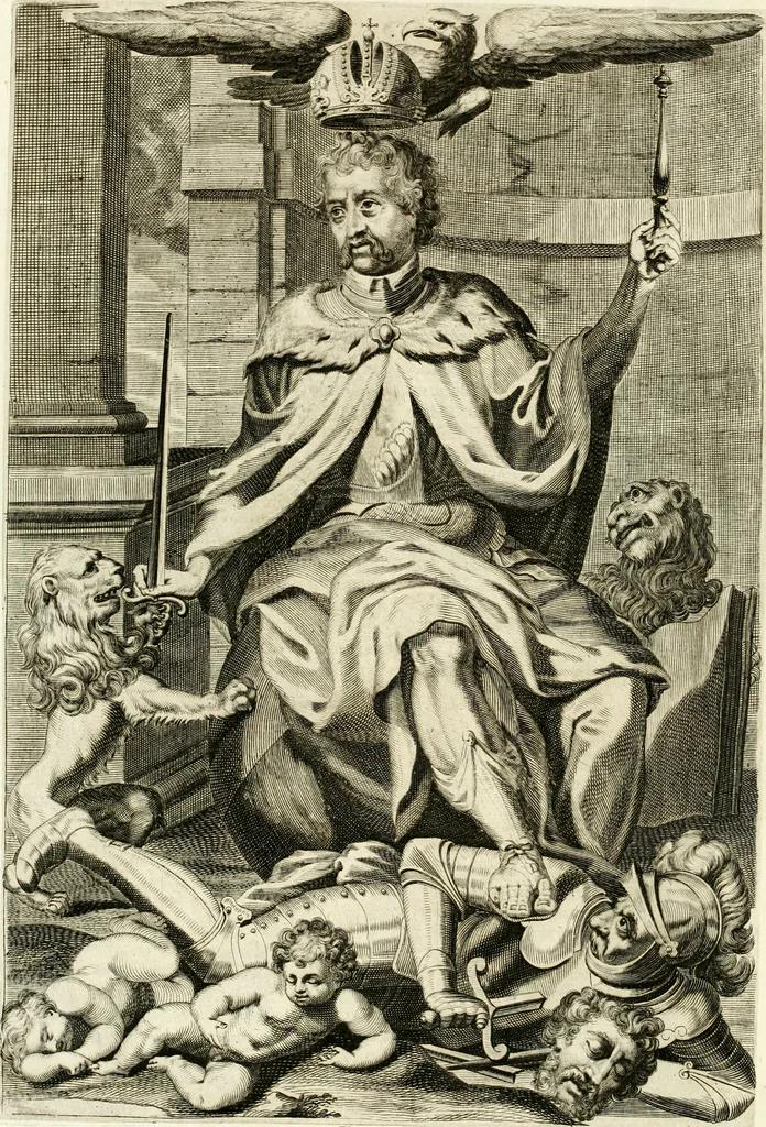An illustration from Aquila Austriaca, sub qua imperatores Austriaci ab Alberto II honorifico vsquè ad Ferdinandum III & IV Occidentis imperatorem L : elogiis, hieroglyphicis, numismatibus, insignibus, symbolis, imaginibus antiquis ad viuum exhibentur exculpti, & longa historiarum serie exarati : vt nihil relictum sit, quod prisci vel hodierni habeant annales, sed diplomata, leges, indulta, genealogiae, donationes, priuilegia offeruntur congesta : inseruntur et regum principumque imagines, nummi honorarij, castrenses, triumphales, votiui, missiles, &c. qui sanguine, foedere, bello imperatoribus iuncti, occurrunt in opere : subijcitur cuique caesarum appendix symbolica, sacrolegalis, & historicopolitica, in qua symbolis & hieroglyphicis, aere affabrè exculptis, pinguntur, & explanantur, 1679, leaf 9