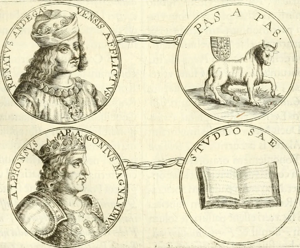 An illustration from Aquila Austriaca, sub qua imperatores Austriaci ab Alberto II honorifico vsquè ad Ferdinandum III & IV Occidentis imperatorem L : elogiis, hieroglyphicis, numismatibus, insignibus, symbolis, imaginibus antiquis ad viuum exhibentur exculpti, & longa historiarum serie exarati : vt nihil relictum sit, quod prisci vel hodierni habeant annales, sed diplomata, leges, indulta, genealogiae, donationes, priuilegia offeruntur congesta : inseruntur et regum principumque imagines, nummi honorarij, castrenses, triumphales, votiui, missiles, &c. qui sanguine, foedere, bello imperatoribus iuncti, occurrunt in opere : subijcitur cuique caesarum appendix symbolica, sacrolegalis, & historicopolitica, in qua symbolis & hieroglyphicis, aere affabrè exculptis, pinguntur, & explanantur, 1679, leaf 90