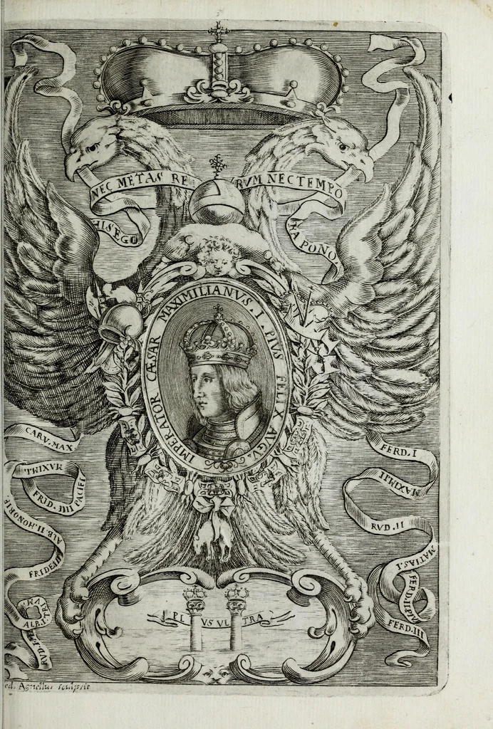 An illustration from Austriaci Caesares Mariae Annae, magni caes[ar]is Ferd[inan]di III filiae, maximi regum Phil[i]pi IV sponsae, potentiss[im]ae Hispanae mon[ar]chiae regin[a]e, in dotale auspicium infantis monarchae totiusq[ue] sereniss[im]ae posteritatis exhibiti, 1649, leaf 107