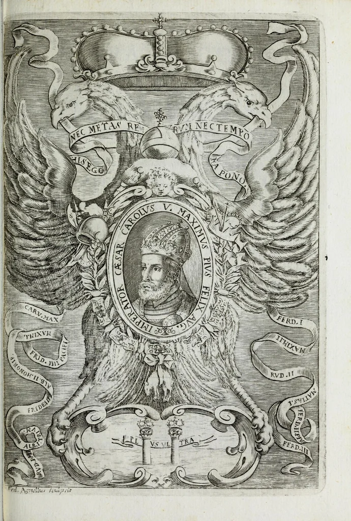 An illustration from Austriaci Caesares Mariae Annae, magni caes[ar]is Ferd[inan]di III filiae, maximi regum Phil[i]pi IV sponsae, potentiss[im]ae Hispanae mon[ar]chiae regin[a]e, in dotale auspicium infantis monarchae totiusq[ue] sereniss[im]ae posteritatis exhibiti, 1649, leaf 119