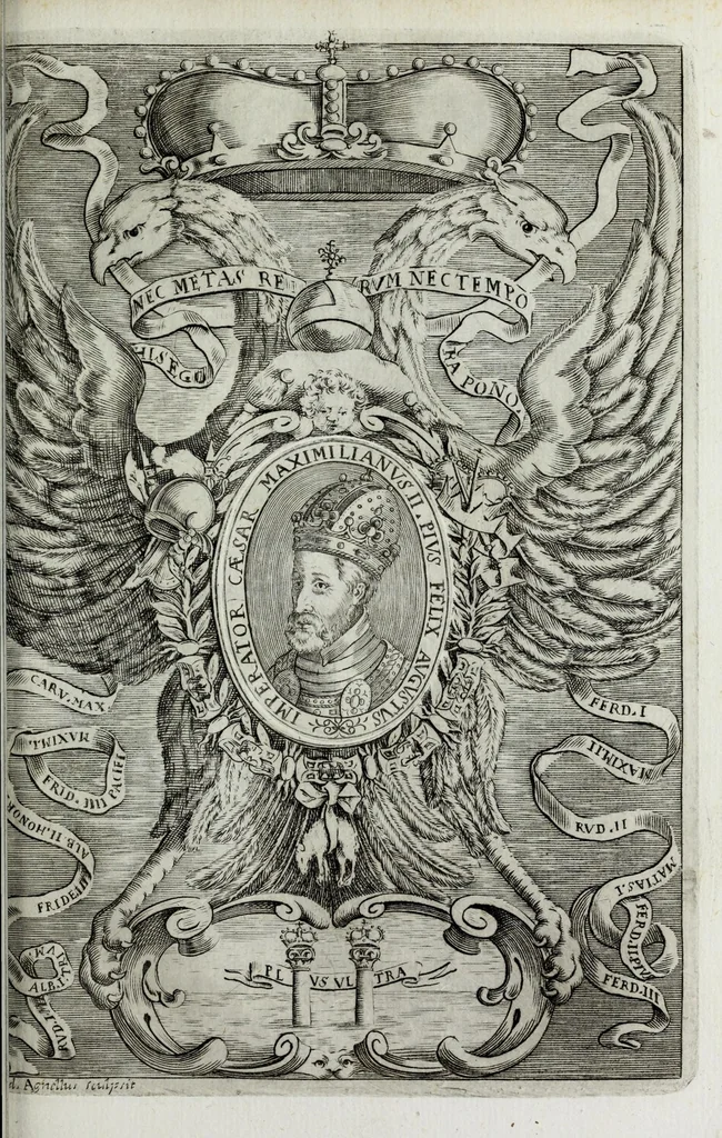An illustration from Austriaci Caesares Mariae Annae, magni caes[ar]is Ferd[inan]di III filiae, maximi regum Phil[i]pi IV sponsae, potentiss[im]ae Hispanae mon[ar]chiae regin[a]e, in dotale auspicium infantis monarchae totiusq[ue] sereniss[im]ae posteritatis exhibiti, 1649, leaf 143