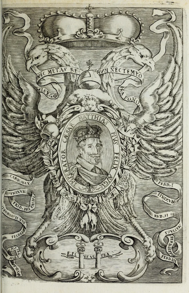 An illustration from Austriaci Caesares Mariae Annae, magni caes[ar]is Ferd[inan]di III filiae, maximi regum Phil[i]pi IV sponsae, potentiss[im]ae Hispanae mon[ar]chiae regin[a]e, in dotale auspicium infantis monarchae totiusq[ue] sereniss[im]ae posteritatis exhibiti, 1649, leaf 163