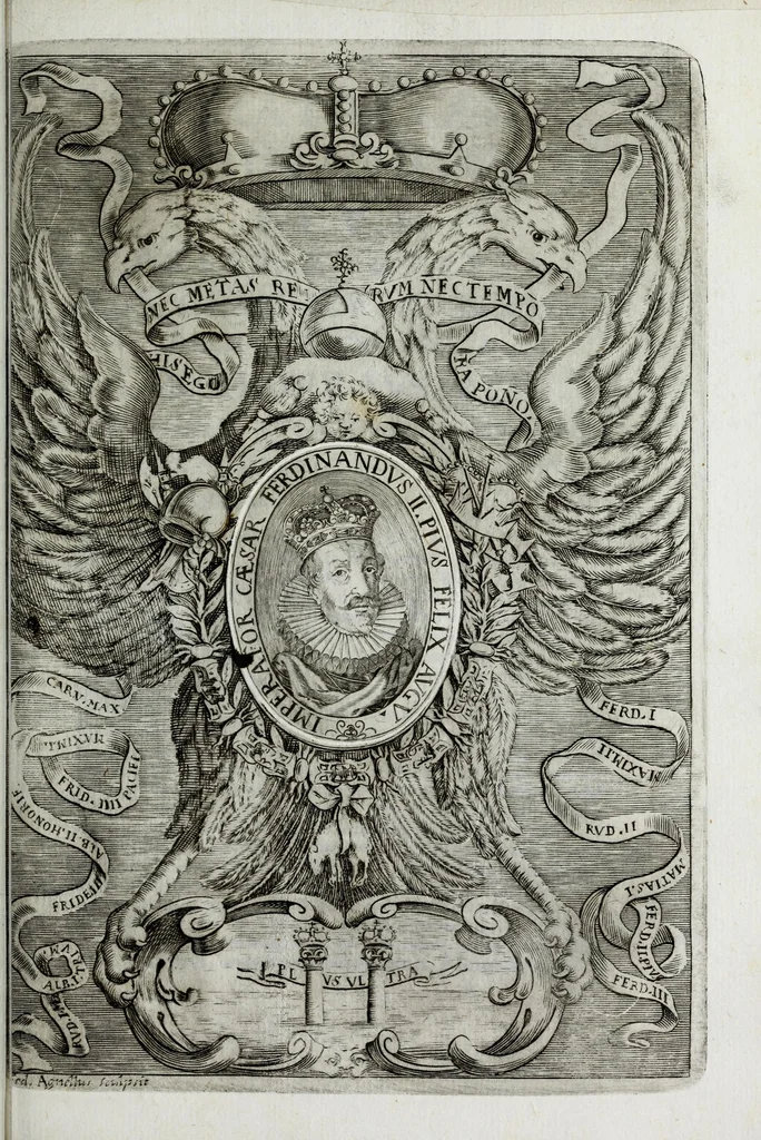 An illustration from Austriaci Caesares Mariae Annae, magni caes[ar]is Ferd[inan]di III filiae, maximi regum Phil[i]pi IV sponsae, potentiss[im]ae Hispanae mon[ar]chiae regin[a]e, in dotale auspicium infantis monarchae totiusq[ue] sereniss[im]ae posteritatis exhibiti, 1649, leaf 175