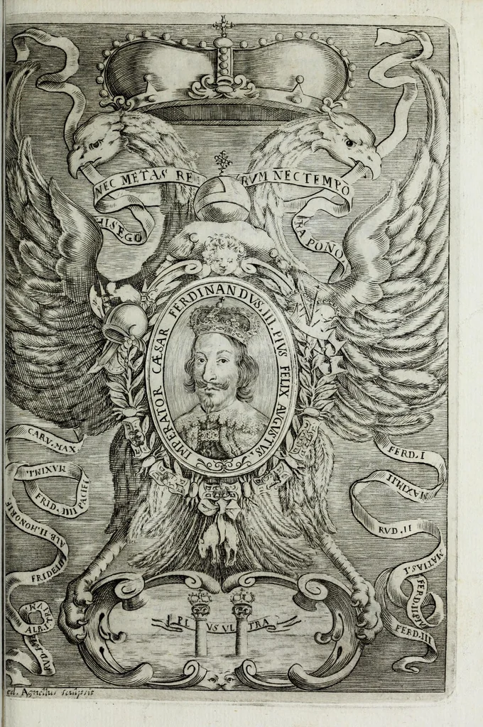 An illustration from Austriaci Caesares Mariae Annae, magni caes[ar]is Ferd[inan]di III filiae, maximi regum Phil[i]pi IV sponsae, potentiss[im]ae Hispanae mon[ar]chiae regin[a]e, in dotale auspicium infantis monarchae totiusq[ue] sereniss[im]ae posteritatis exhibiti, 1649, leaf 193
