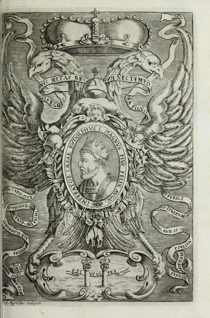An illustration from Austriaci Caesares Mariae Annae, magni caes[ar]is Ferd[inan]di III filiae, maximi regum Phil[i]pi IV sponsae, potentiss[im]ae Hispanae mon[ar]chiae regin[a]e, in dotale auspicium infantis monarchae totiusq[ue] sereniss[im]ae posteritatis exhibiti, 1649, leaf 47