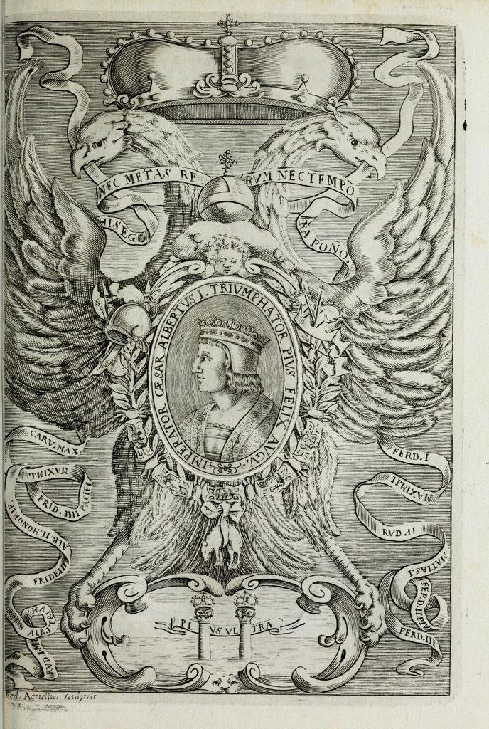 An illustration from Austriaci Caesares Mariae Annae, magni caes[ar]is Ferd[inan]di III filiae, maximi regum Phil[i]pi IV sponsae, potentiss[im]ae Hispanae mon[ar]chiae regin[a]e, in dotale auspicium infantis monarchae totiusq[ue] sereniss[im]ae posteritatis exhibiti, 1649, leaf 61