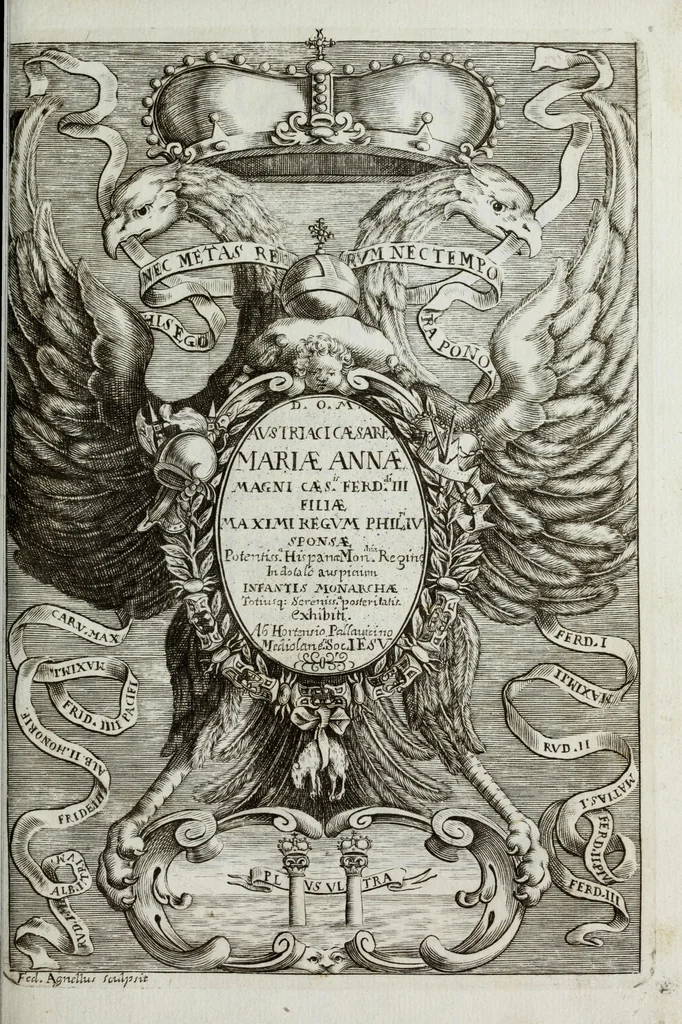 An illustration from Austriaci Caesares Mariae Annae, magni caes[ar]is Ferd[inan]di III filiae, maximi regum Phil[i]pi IV sponsae, potentiss[im]ae Hispanae mon[ar]chiae regin[a]e, in dotale auspicium infantis monarchae totiusq[ue] sereniss[im]ae posteritatis exhibiti, 1649, leaf 7