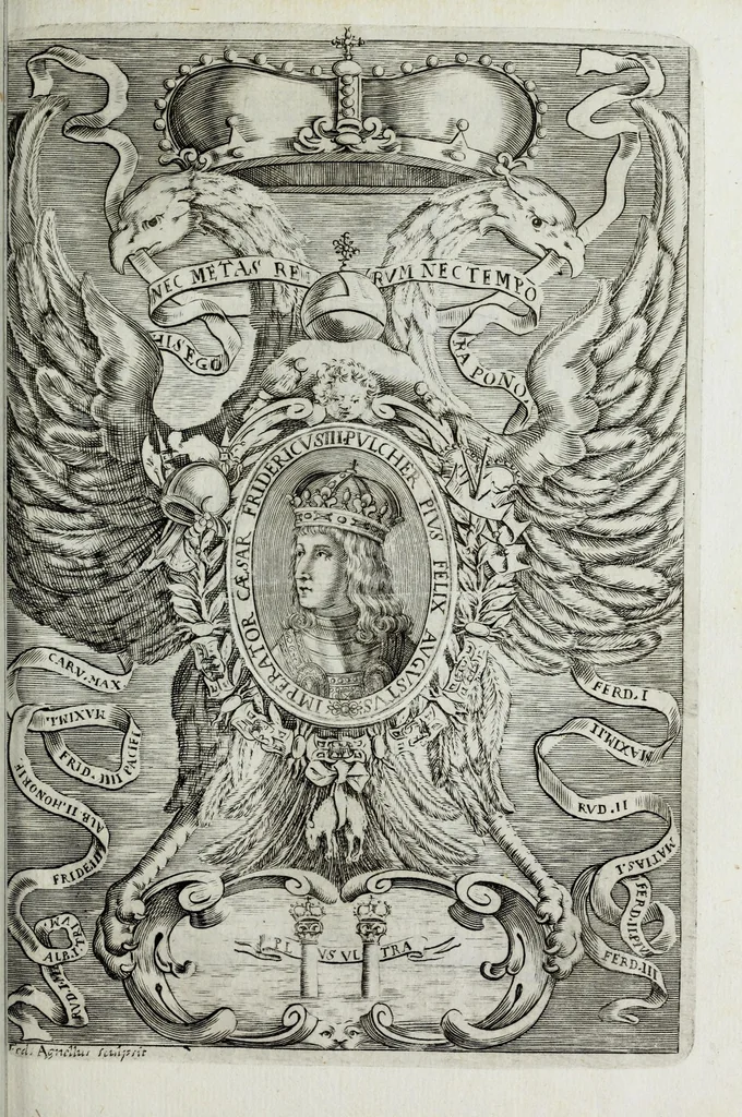 An illustration from Austriaci Caesares Mariae Annae, magni caes[ar]is Ferd[inan]di III filiae, maximi regum Phil[i]pi IV sponsae, potentiss[im]ae Hispanae mon[ar]chiae regin[a]e, in dotale auspicium infantis monarchae totiusq[ue] sereniss[im]ae posteritatis exhibiti, 1649, leaf 73