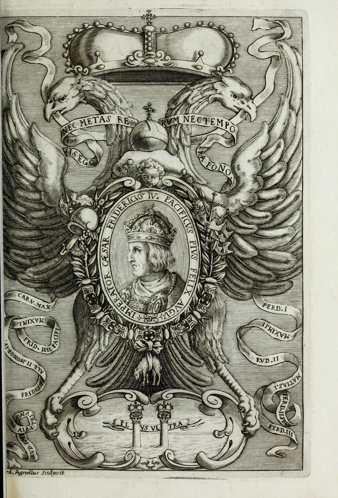 An illustration from Austriaci Caesares Mariae Annae, magni caes[ar]is Ferd[inan]di III filiae, maximi regum Phil[i]pi IV sponsae, potentiss[im]ae Hispanae mon[ar]chiae regin[a]e, in dotale auspicium infantis monarchae totiusq[ue] sereniss[im]ae posteritatis exhibiti, 1649, leaf 95
