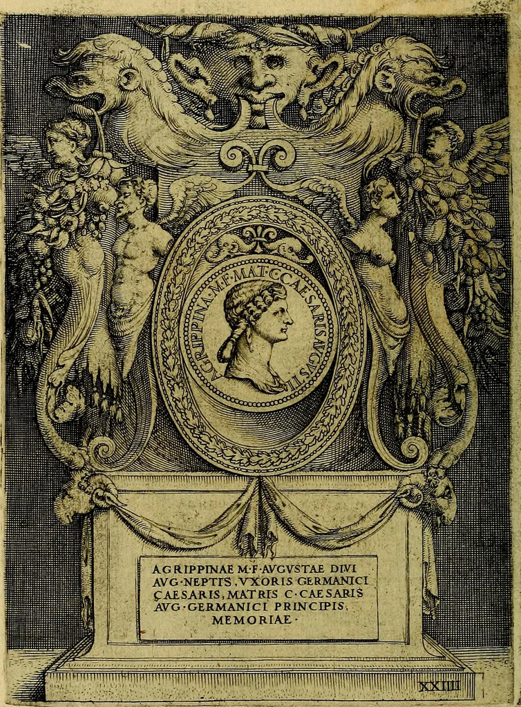 An illustration from Avgvstarvm imagines aereis formis expressae : vitae quoque carundem breuiter enarratae, signorum etiam, quae in posteriori parte numismatũ efficta sũt, ratio explicata, 1558, leaf 101