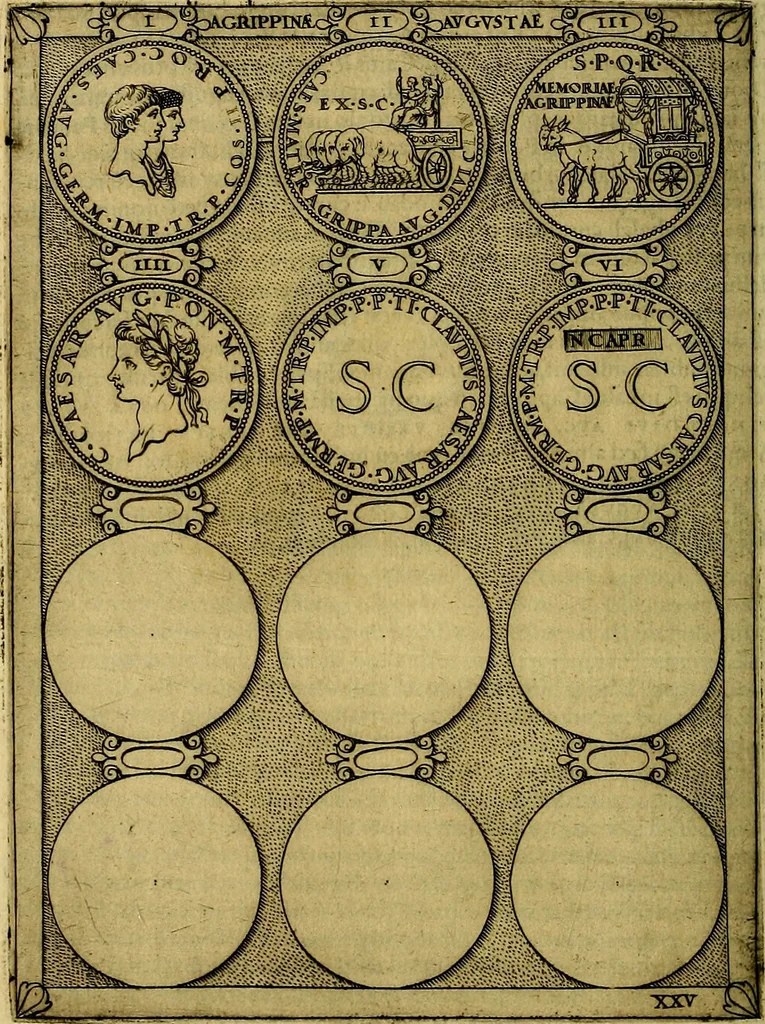 An illustration from Avgvstarvm imagines aereis formis expressae : vitae quoque carundem breuiter enarratae, signorum etiam, quae in posteriori parte numismatũ efficta sũt, ratio explicata, 1558, leaf 109