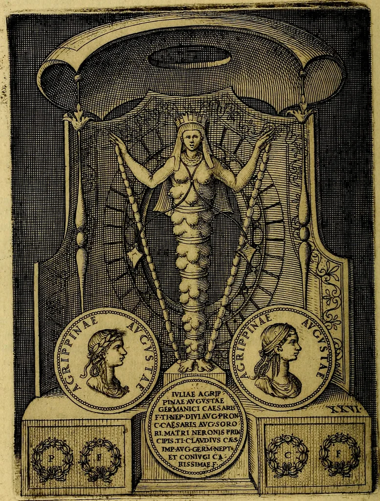 An illustration from Avgvstarvm imagines aereis formis expressae : vitae quoque carundem breuiter enarratae, signorum etiam, quae in posteriori parte numismatũ efficta sũt, ratio explicata, 1558, leaf 113