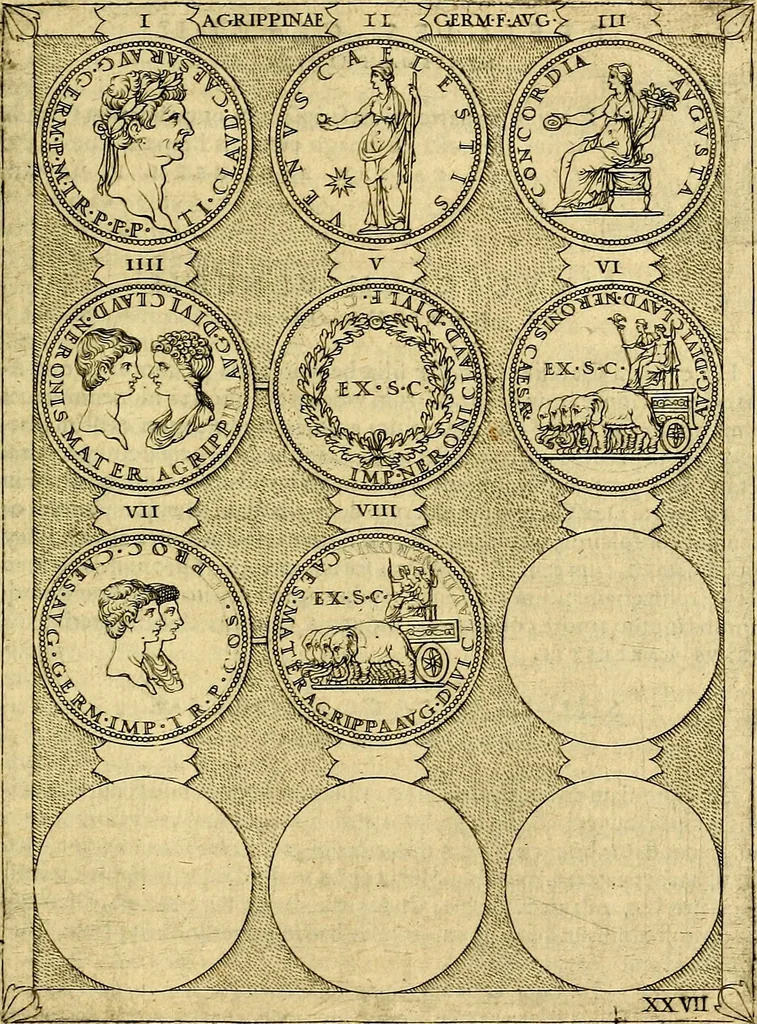An illustration from Avgvstarvm imagines aereis formis expressae : vitae quoque carundem breuiter enarratae, signorum etiam, quae in posteriori parte numismatũ efficta sũt, ratio explicata, 1558, leaf 118