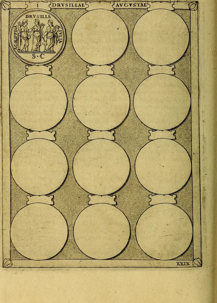 An illustration from Avgvstarvm imagines aereis formis expressae : vitae quoque carundem breuiter enarratae, signorum etiam, quae in posteriori parte numismatũ efficta sũt, ratio explicata, 1558, leaf 133