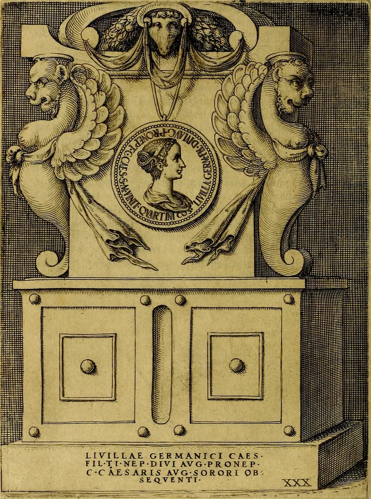 An illustration from Avgvstarvm imagines aereis formis expressae : vitae quoque carundem breuiter enarratae, signorum etiam, quae in posteriori parte numismatũ efficta sũt, ratio explicata, 1558, leaf 137