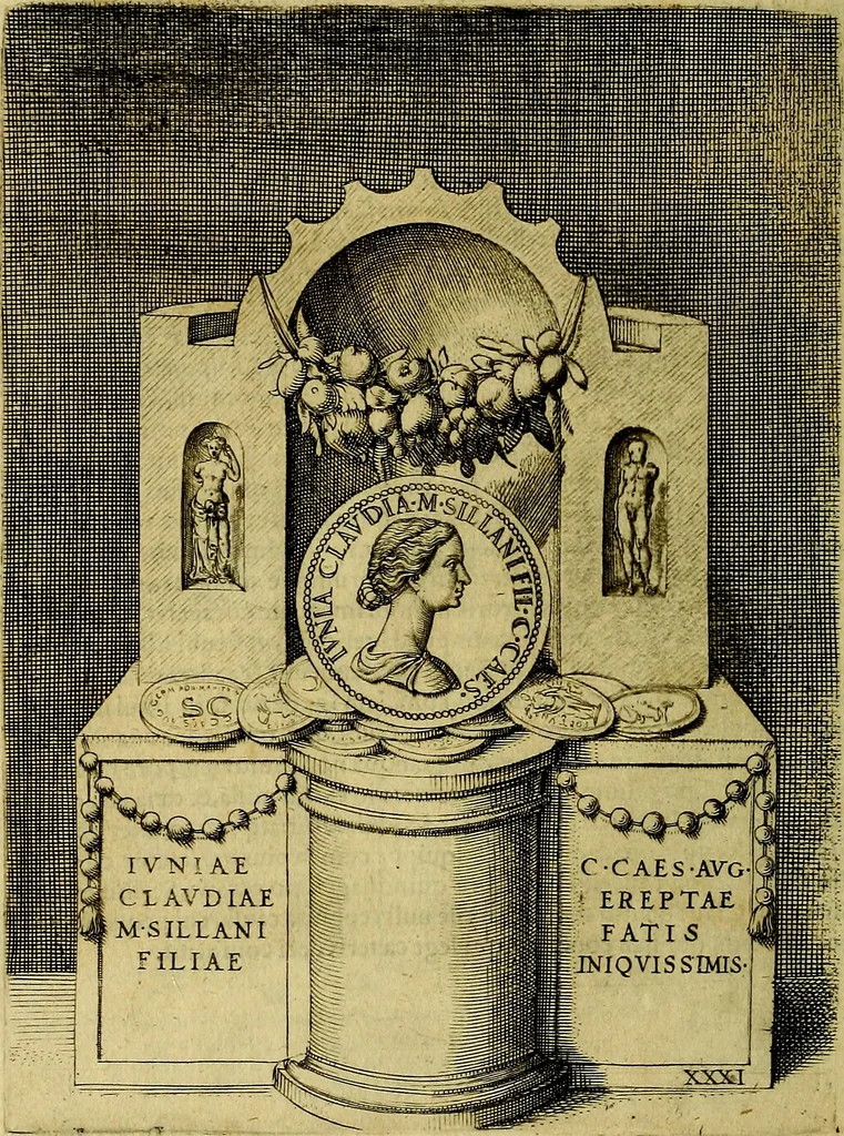 An illustration from Avgvstarvm imagines aereis formis expressae : vitae quoque carundem breuiter enarratae, signorum etiam, quae in posteriori parte numismatũ efficta sũt, ratio explicata, 1558, leaf 139