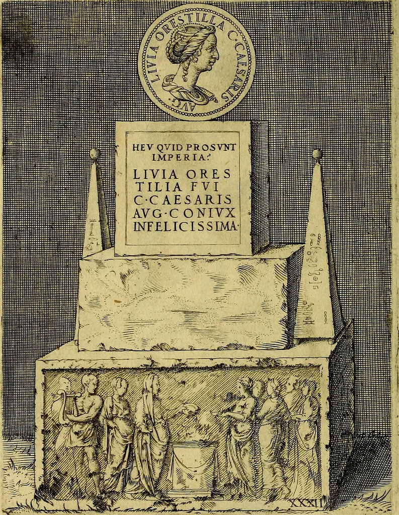 An illustration from Avgvstarvm imagines aereis formis expressae : vitae quoque carundem breuiter enarratae, signorum etiam, quae in posteriori parte numismatũ efficta sũt, ratio explicata, 1558, leaf 141