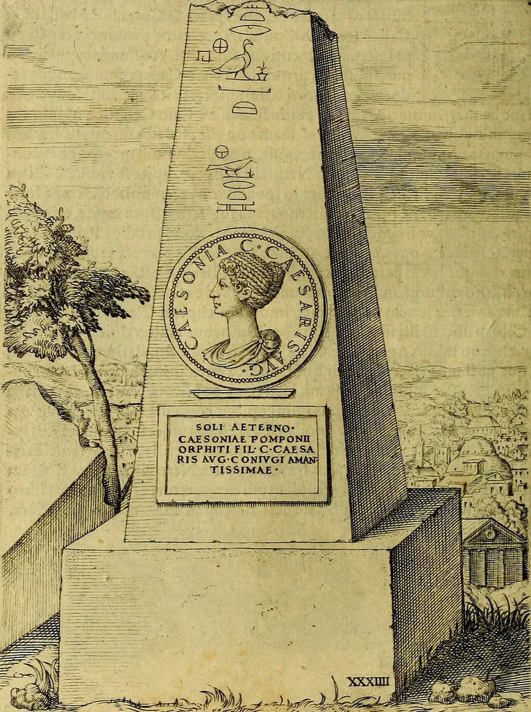 An illustration from Avgvstarvm imagines aereis formis expressae : vitae quoque carundem breuiter enarratae, signorum etiam, quae in posteriori parte numismatũ efficta sũt, ratio explicata, 1558, leaf 145
