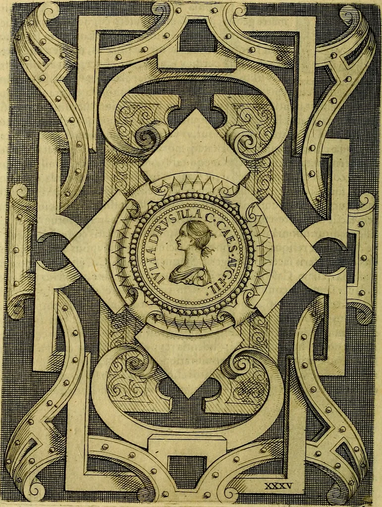 An illustration from Avgvstarvm imagines aereis formis expressae : vitae quoque carundem breuiter enarratae, signorum etiam, quae in posteriori parte numismatũ efficta sũt, ratio explicata, 1558, leaf 147