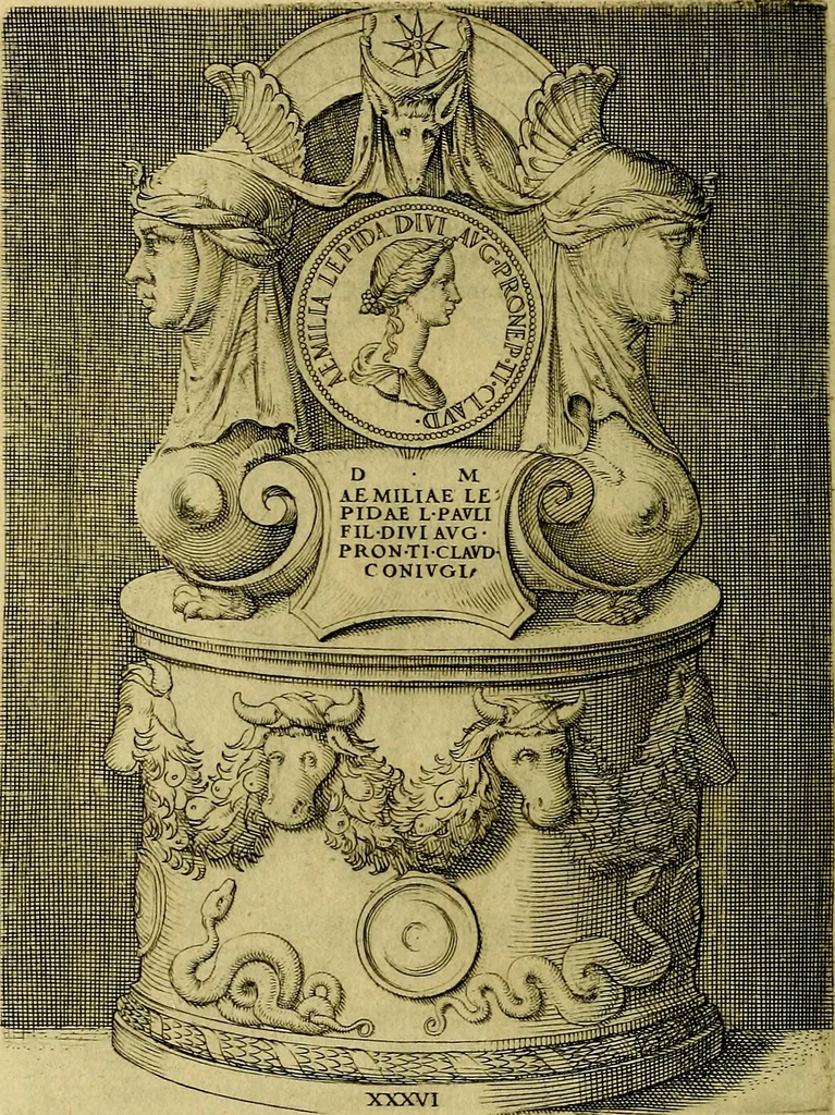 An illustration from Avgvstarvm imagines aereis formis expressae : vitae quoque carundem breuiter enarratae, signorum etiam, quae in posteriori parte numismatũ efficta sũt, ratio explicata, 1558, leaf 149