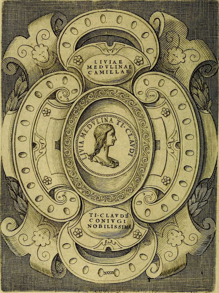 An illustration from Avgvstarvm imagines aereis formis expressae : vitae quoque carundem breuiter enarratae, signorum etiam, quae in posteriori parte numismatũ efficta sũt, ratio explicata, 1558, leaf 151