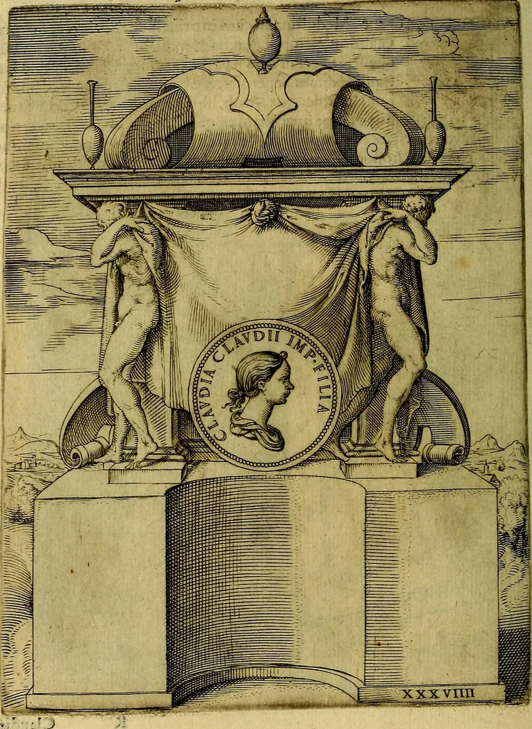 An illustration from Avgvstarvm imagines aereis formis expressae : vitae quoque carundem breuiter enarratae, signorum etiam, quae in posteriori parte numismatũ efficta sũt, ratio explicata, 1558, leaf 155
