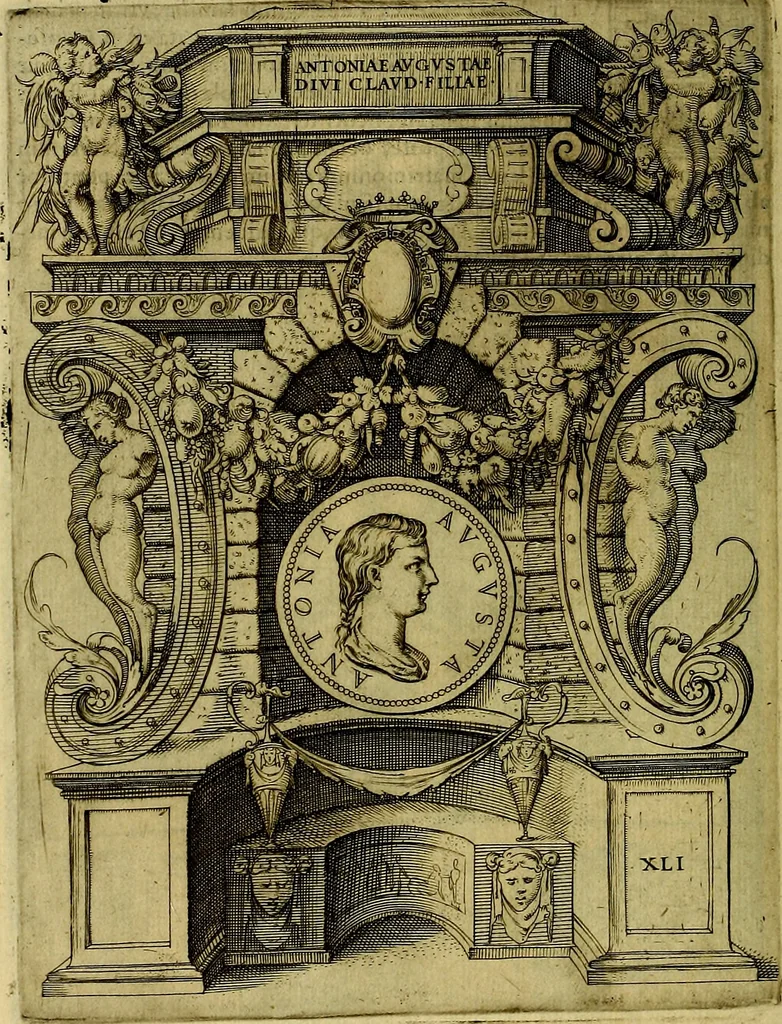 An illustration from Avgvstarvm imagines aereis formis expressae : vitae quoque carundem breuiter enarratae, signorum etiam, quae in posteriori parte numismatũ efficta sũt, ratio explicata, 1558, leaf 159