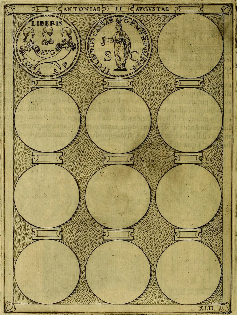 An illustration from Avgvstarvm imagines aereis formis expressae : vitae quoque carundem breuiter enarratae, signorum etiam, quae in posteriori parte numismatũ efficta sũt, ratio explicata, 1558, leaf 161