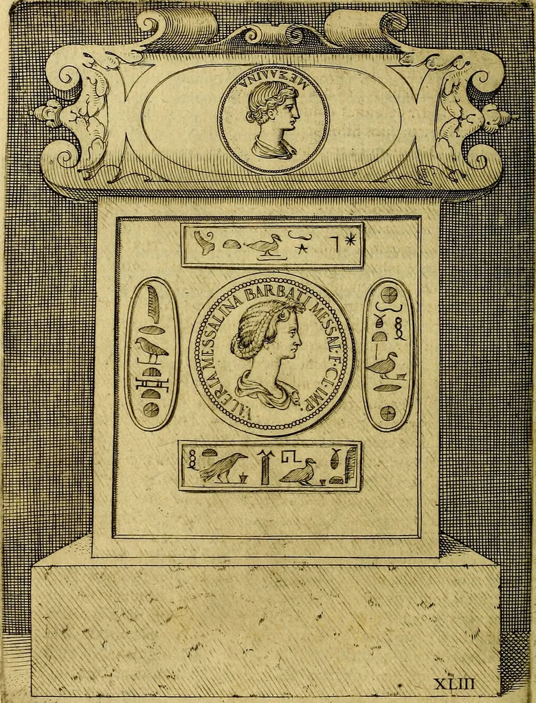 An illustration from Avgvstarvm imagines aereis formis expressae : vitae quoque carundem breuiter enarratae, signorum etiam, quae in posteriori parte numismatũ efficta sũt, ratio explicata, 1558, leaf 165