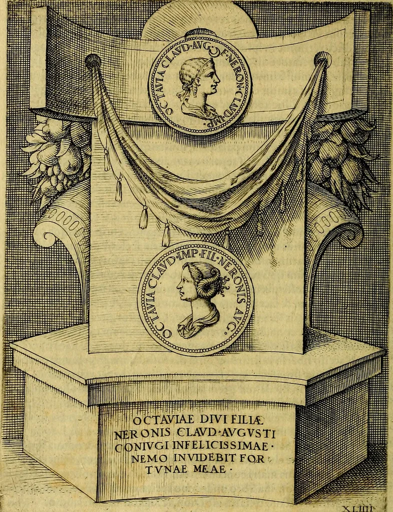 An illustration from Avgvstarvm imagines aereis formis expressae : vitae quoque carundem breuiter enarratae, signorum etiam, quae in posteriori parte numismatũ efficta sũt, ratio explicata, 1558, leaf 169