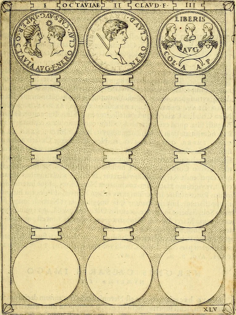 An illustration from Avgvstarvm imagines aereis formis expressae : vitae quoque carundem breuiter enarratae, signorum etiam, quae in posteriori parte numismatũ efficta sũt, ratio explicata, 1558, leaf 172
