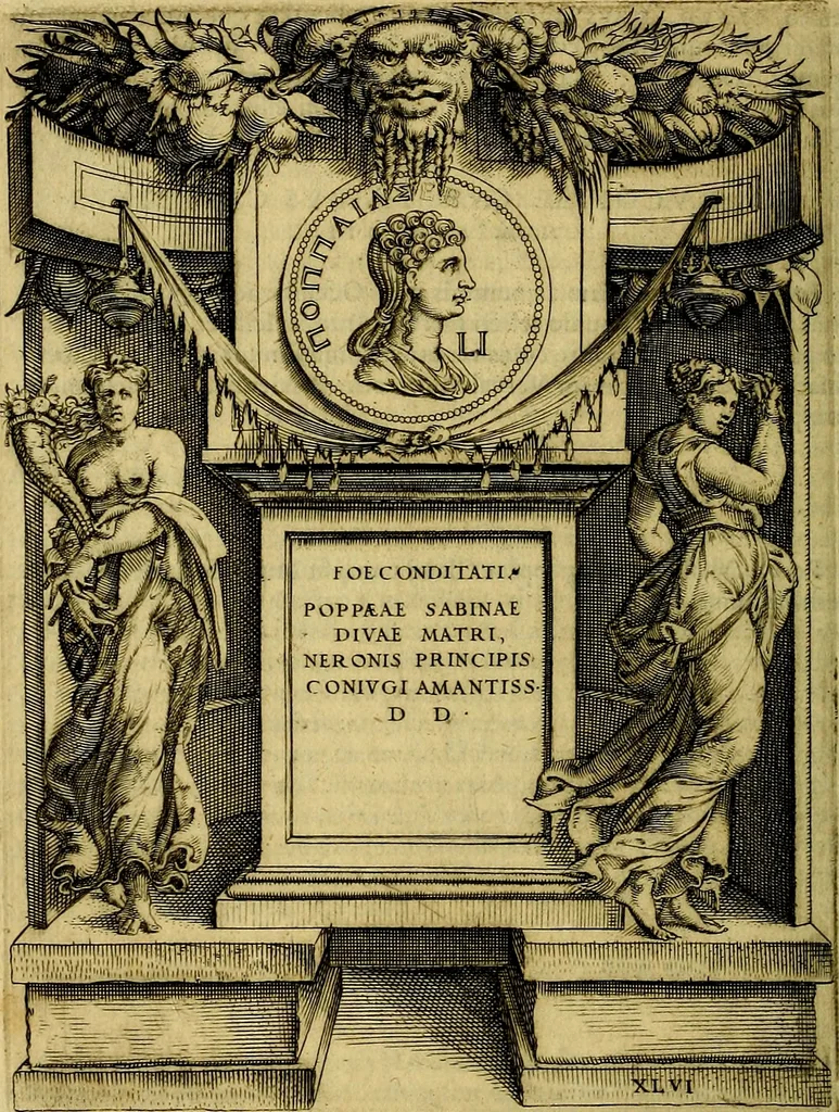 An illustration from Avgvstarvm imagines aereis formis expressae : vitae quoque carundem breuiter enarratae, signorum etiam, quae in posteriori parte numismatũ efficta sũt, ratio explicata, 1558, leaf 175