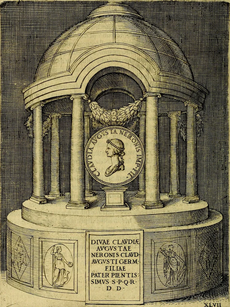 An illustration from Avgvstarvm imagines aereis formis expressae : vitae quoque carundem breuiter enarratae, signorum etiam, quae in posteriori parte numismatũ efficta sũt, ratio explicata, 1558, leaf 179