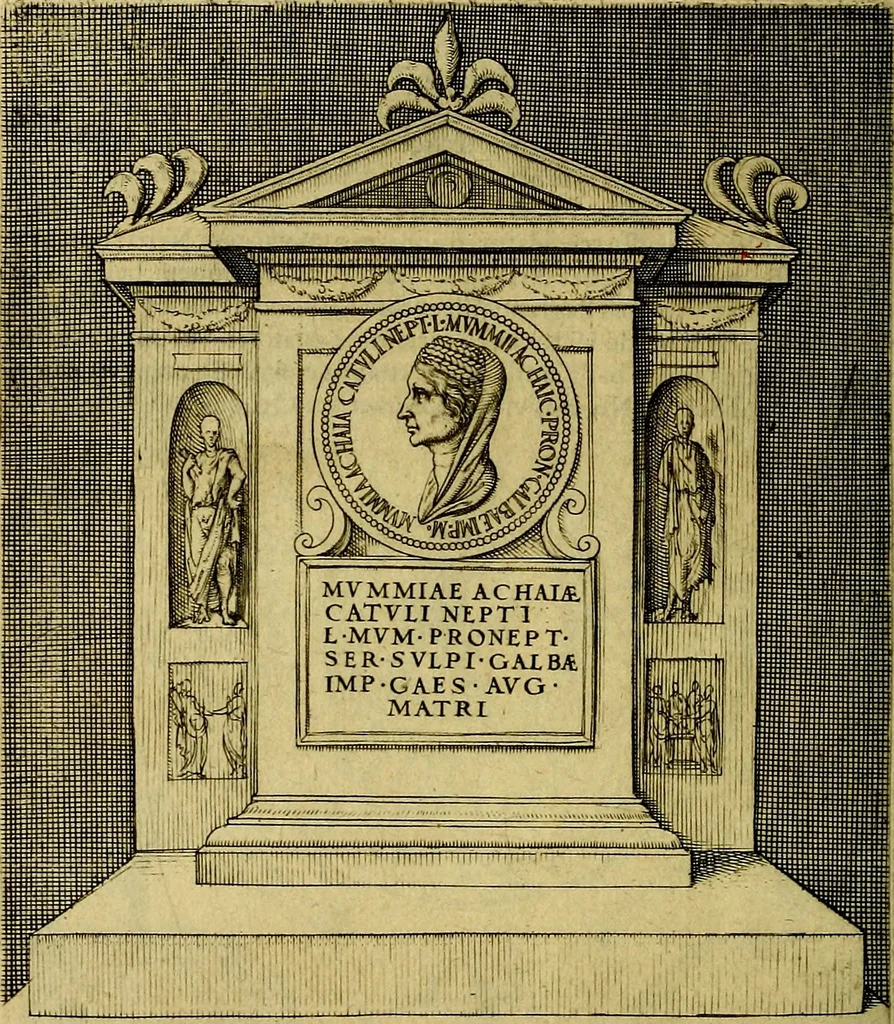 An illustration from Avgvstarvm imagines aereis formis expressae : vitae quoque carundem breuiter enarratae, signorum etiam, quae in posteriori parte numismatũ efficta sũt, ratio explicata, 1558, leaf 183