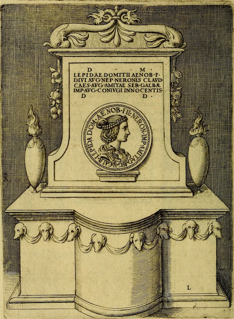 An illustration from Avgvstarvm imagines aereis formis expressae : vitae quoque carundem breuiter enarratae, signorum etiam, quae in posteriori parte numismatũ efficta sũt, ratio explicata, 1558, leaf 185