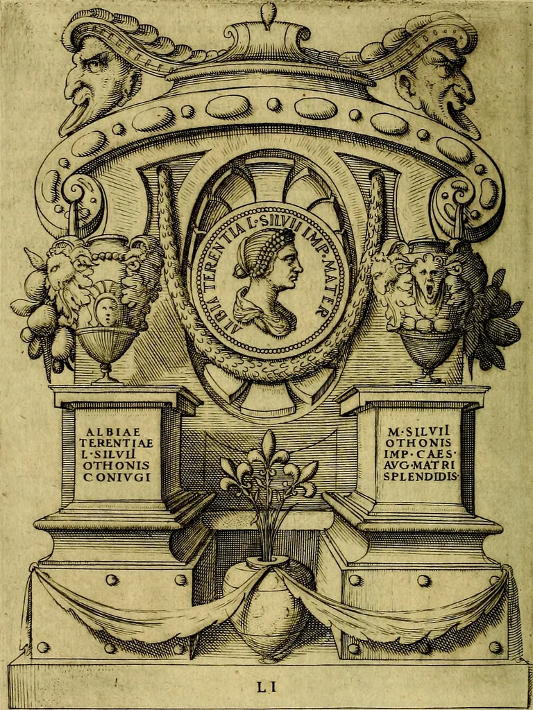 An illustration from Avgvstarvm imagines aereis formis expressae : vitae quoque carundem breuiter enarratae, signorum etiam, quae in posteriori parte numismatũ efficta sũt, ratio explicata, 1558, leaf 187