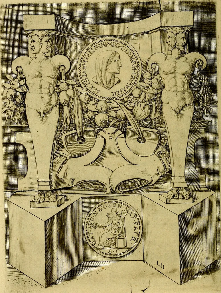 An illustration from Avgvstarvm imagines aereis formis expressae : vitae quoque carundem breuiter enarratae, signorum etiam, quae in posteriori parte numismatũ efficta sũt, ratio explicata, 1558, leaf 189
