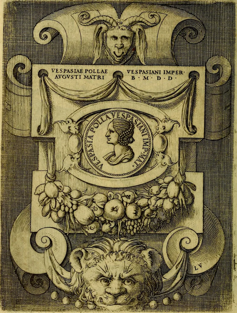 An illustration from Avgvstarvm imagines aereis formis expressae : vitae quoque carundem breuiter enarratae, signorum etiam, quae in posteriori parte numismatũ efficta sũt, ratio explicata, 1558, leaf 195