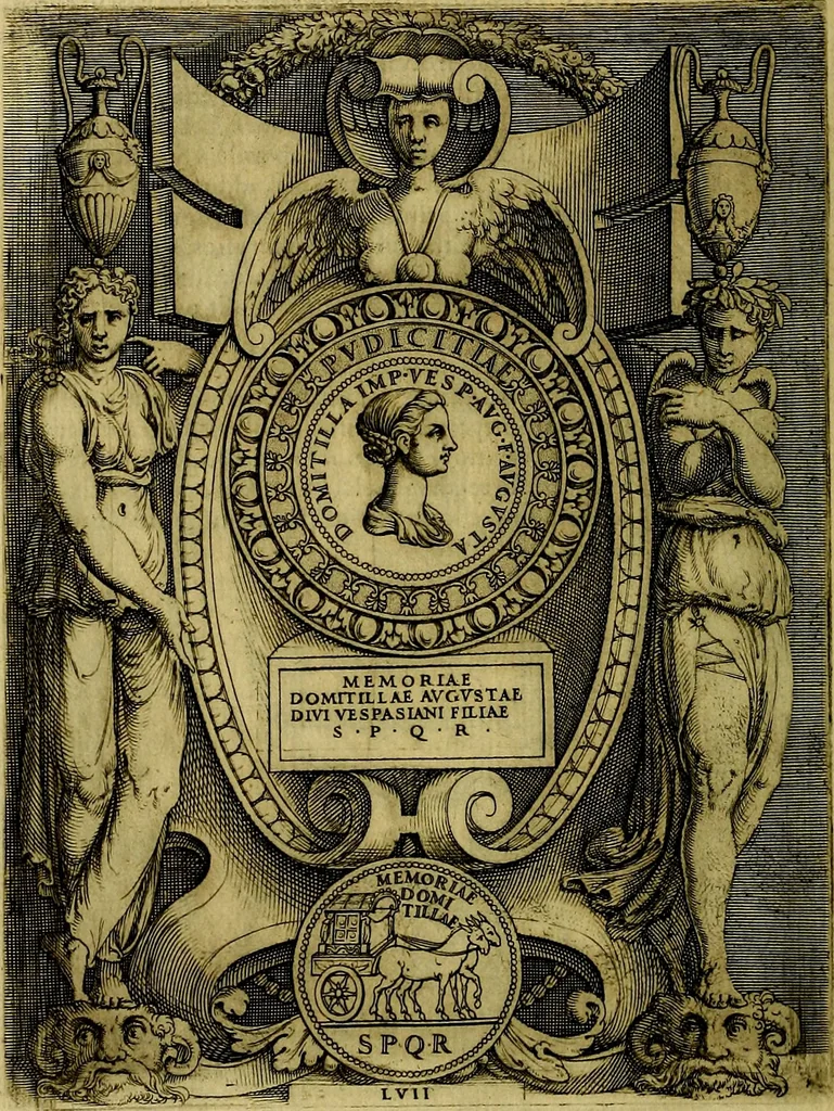 An illustration from Avgvstarvm imagines aereis formis expressae : vitae quoque carundem breuiter enarratae, signorum etiam, quae in posteriori parte numismatũ efficta sũt, ratio explicata, 1558, leaf 199