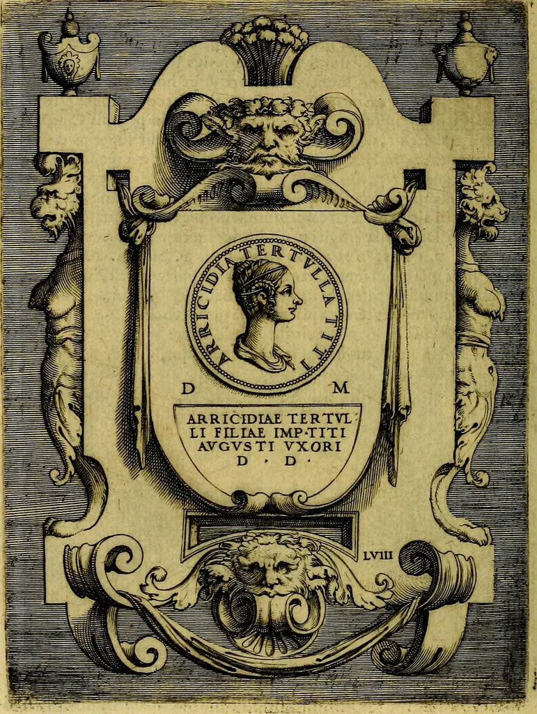 An illustration from Avgvstarvm imagines aereis formis expressae : vitae quoque carundem breuiter enarratae, signorum etiam, quae in posteriori parte numismatũ efficta sũt, ratio explicata, 1558, leaf 201