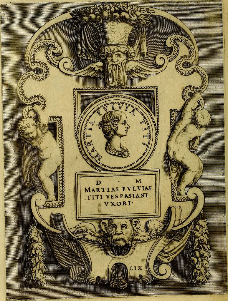 An illustration from Avgvstarvm imagines aereis formis expressae : vitae quoque carundem breuiter enarratae, signorum etiam, quae in posteriori parte numismatũ efficta sũt, ratio explicata, 1558, leaf 203