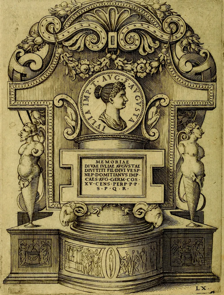An illustration from Avgvstarvm imagines aereis formis expressae : vitae quoque carundem breuiter enarratae, signorum etiam, quae in posteriori parte numismatũ efficta sũt, ratio explicata, 1558, leaf 205
